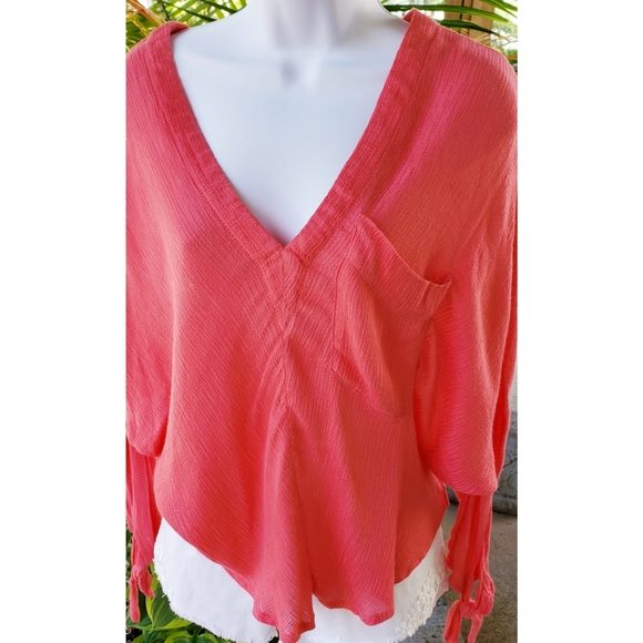 SOLD Free People Gauze V-neck Tie Sleeve Top S - Picture 2 of 3